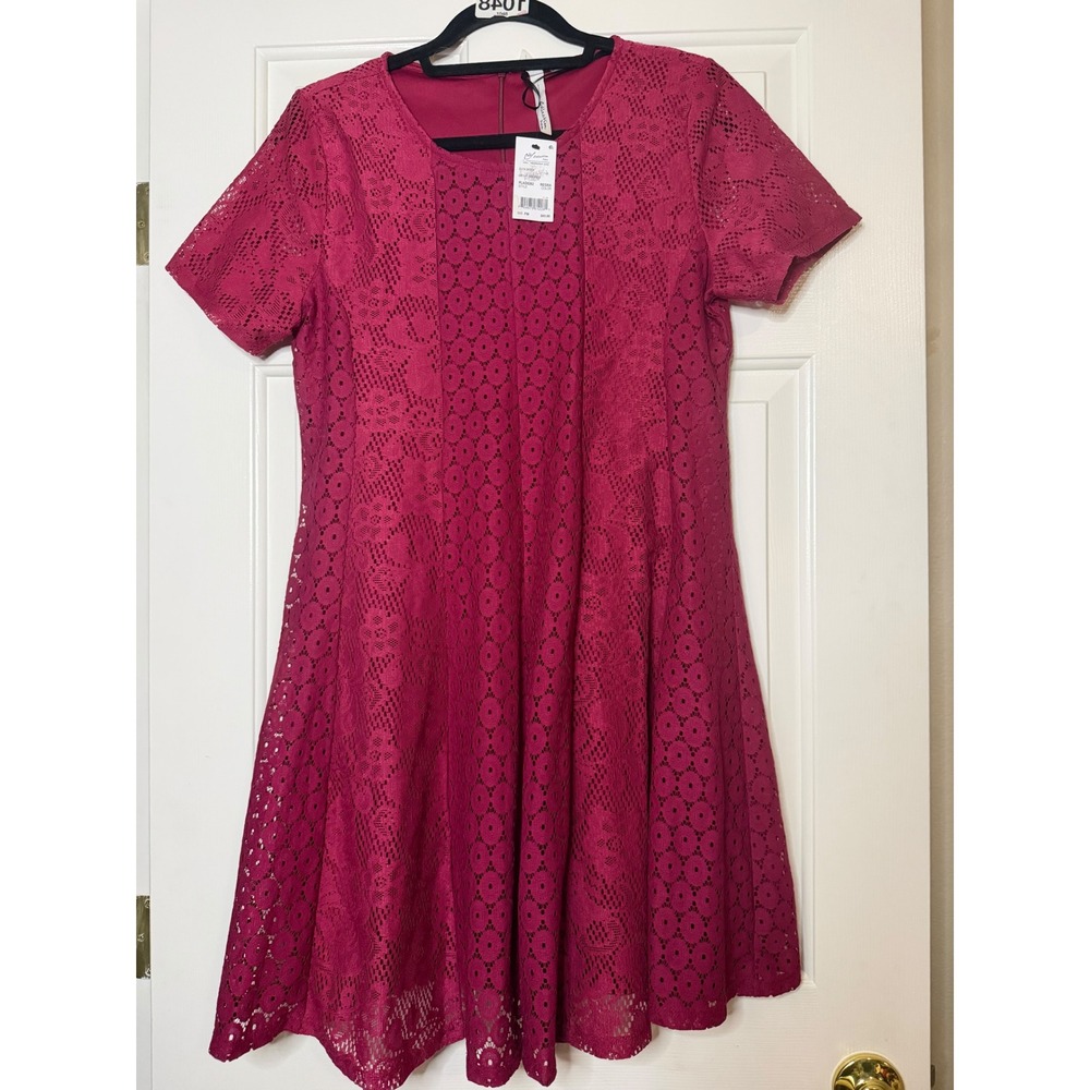NY Collection Petite Magenta Pink Floral Lace Short Sleeve A-Line Dress PM NEW